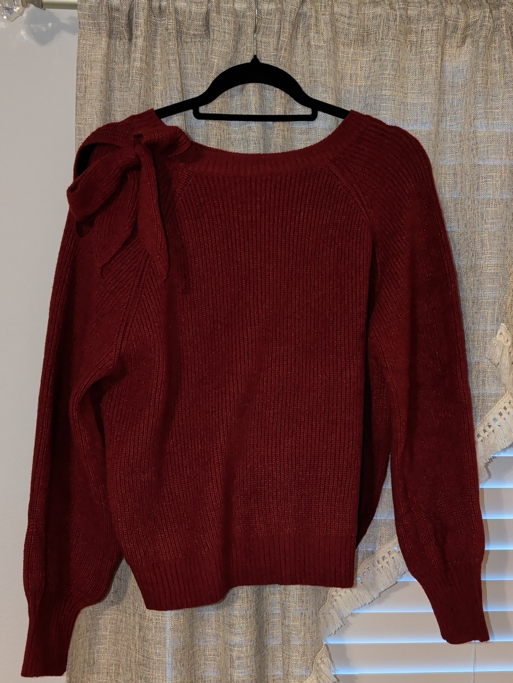 SHEIN Ribbed Crewneck Sweater with Shoulder Bow - Burgundy